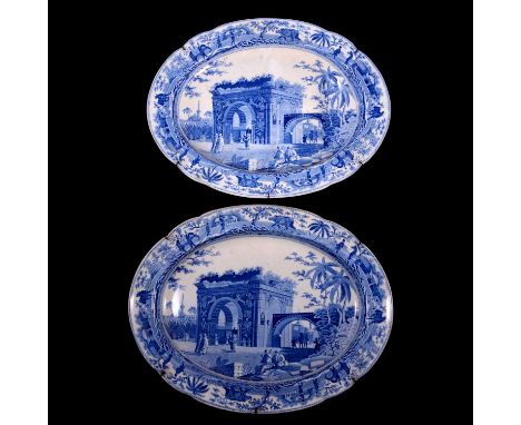 Large Spode blue and white earthenware 'Caramanian' Series meat plate and large oval platter, transferred with 'A Triumphal A