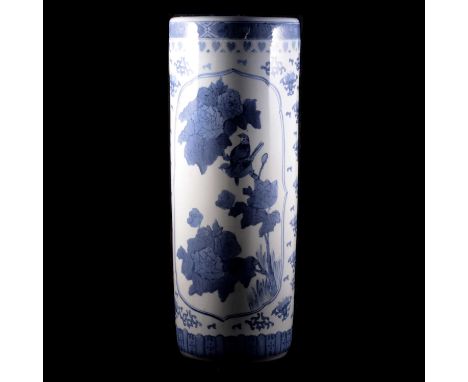 Modern Chinese blue and white umbrella stand, cylindrical form, shaped panels with cranes, seal mark, 61cmCondition report:Th