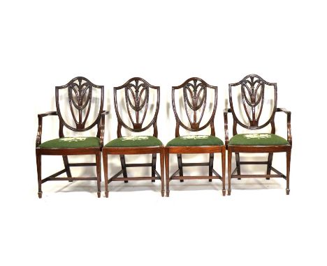 Regency style mahogany twin pedestal dining table, with one extra leaf, 223x114cm maximum, height 77cm, set of eight shield b