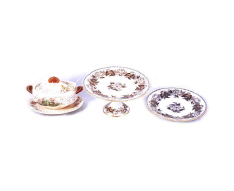 A Victorian grey transferware and gilt dessert service, 35 pieces, to include 2 ashets, 3 cake stands and 30 plates; and a Sa