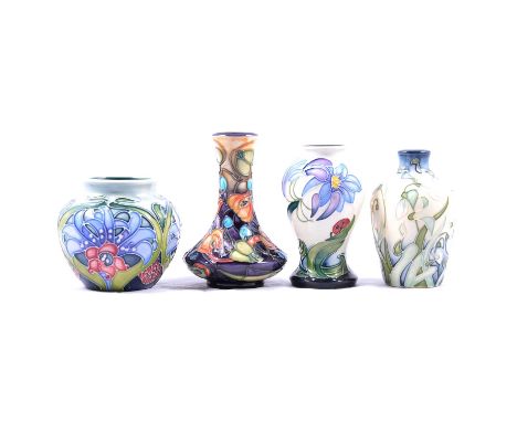 Moorcroft Pottery, four small vases including two trials:Rachel Bishop - Snowdrop trial, dated 8.7.02, 1st quality, 9.5cmRach
