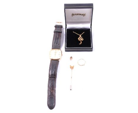 A 9 carat yellow gold pendant on chain, fox head tie pin, Rotary wristwatch, scrap gold, a 9 carat yellow gold pendant on a y