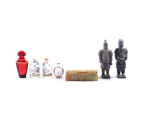 Glass perfume bottles, Chinese snuff bottles, Worcester vase, onyx cigarette box, terracotta warriors, two vintage ivorine ha