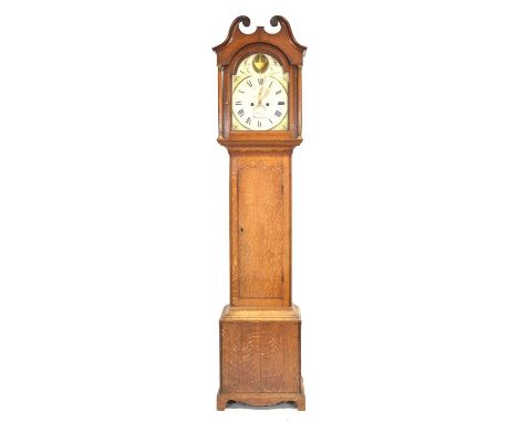 Oak longcase clock, hood with swan neck pediment and turned columns, case with long door, bracket feet, 30cm arched painted d