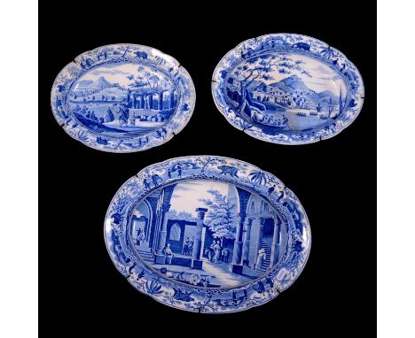 Spode blue and white earthenware 'Caramanian' Series oval dish and two graduated platters, the oval dish with 'Harbour of Cac