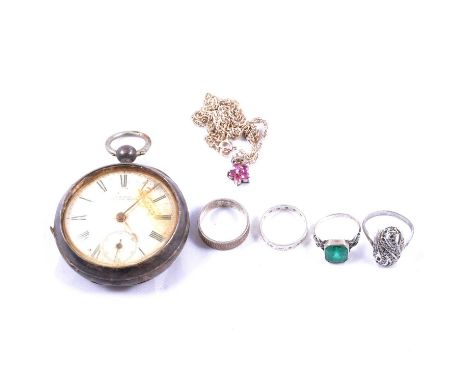 Silver lockets, ingot, pendants and rings, a silver oval locket, 43x32mm, engraved scroll design to front, engine turned back