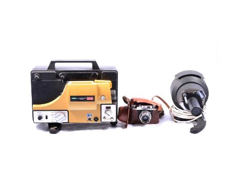 A collection of cameras and projector equipment, including a Halina Anastigmat 45mm, Fuji film Fujicascope sound SH6 sound pr