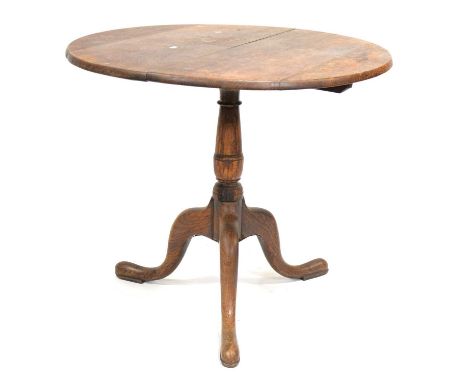 Victorian oak tripod table, circular tilt top, diameter 81cm, height 70cm, together with two elm and beech lath-back kitchen 