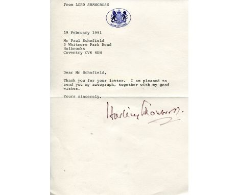 Nuremberg Trials House Of Lords Stationary With Typed Letter Hand Signed By Hartley Shawcross Who Was Chief British Prosecuto