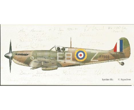 12 Battle of Britain pilots signed colour 9 x 4 inch Spitfire IIa postcard. Signed in pencil includes Ben Bennions, Peter Bro