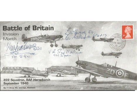 4 Battle of Britain pilots signed 2001 RAF Hornchurch cover. Includes Ken Wilkinson, Ken Mackenzie, V R Snell. Number 2 of 12