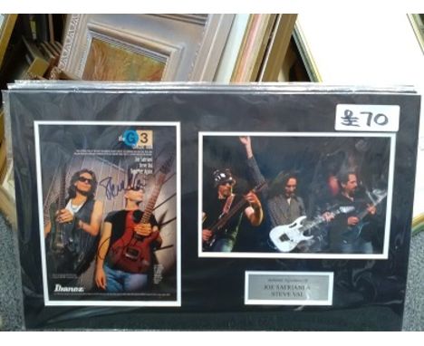 Joe Satriani and Steve Vai signed music tour promotional flyer. Nicely mounted with unsigned colour portrait photo of the pai