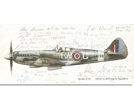 13 Battle of Britain pilots signed colour 9 x 4 inch Spitfire F21 postcard. Signed in pencil includes Ben Bennions, Peter Bro