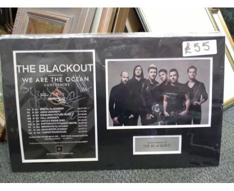 The Blackout signed music tour promotional flyer signed by Five band members. Nicely mounted with unsigned colour group photo