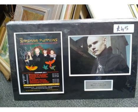 Billy Corgan signed Smashing Pumpkins music tour promotional flyer. Nicely mounted with unsigned colour portrait photo and mo