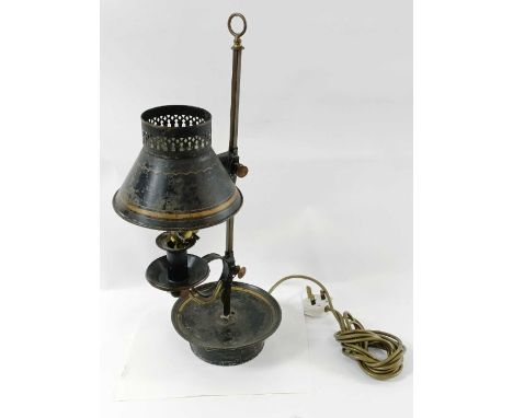 A 19th century toleware lamp, with brass stem and gilt decoration 