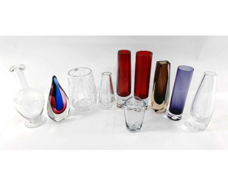 A collection of mid century glass including a Murano Sommerso vase, Orrefors vase, Stromberg and others 