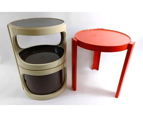 A mid century/vintage Italian orange plastic stool, along with two section table, with two sliding doors   