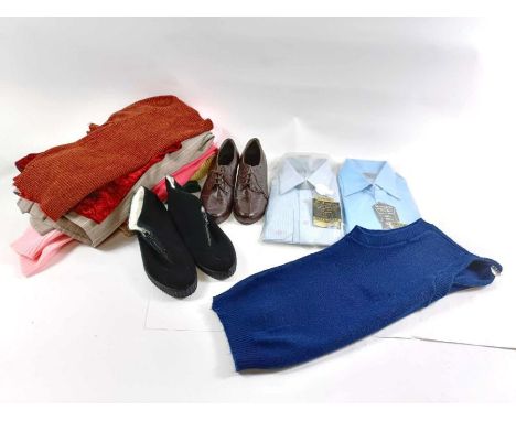 A collection of vintage clothing including unused ladies shoes, mens shirt, jumpers, skirts and other items
