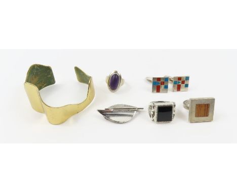 A  small collection of vintage and mid century jewellery to include a N E From ring set with amethyst, Finnish silver brooch,
