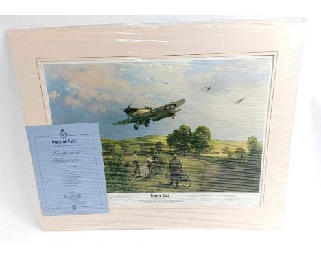 "Piece Of Cake", limited edition print by Micheal Turner depicting Battle Of Britain Spitfires returning to base. 1054/1494, 