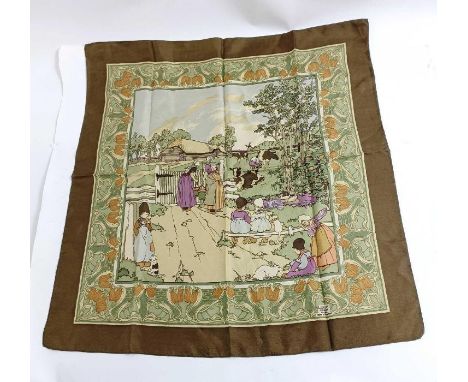 A vintage Liberty's silk scarf, with a Dutch scene depicting milkmaids and children to the fore with a windmill in the backgr