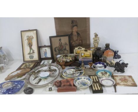 A mixed lot to include Indian scroll, wall hanging plaques, a cast iron door knocker, mixed ceramics and other itemsLocation: