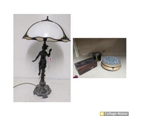 A contemporary patinated metal figural table lamp base with Tiffany style shade with four opal glass panels together with a V