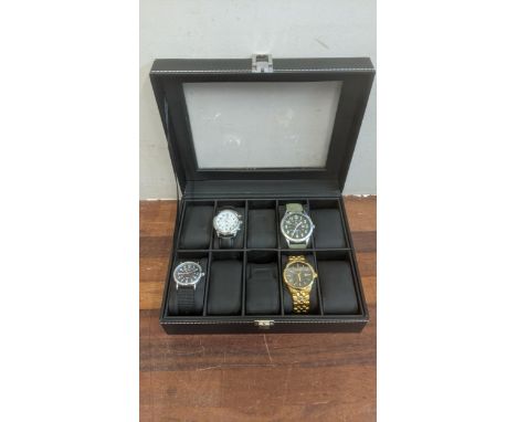 Four gent's wrist watches, two Tavistock and Jones examples, a citizen and Timex in a fitted watch box display case LocationI