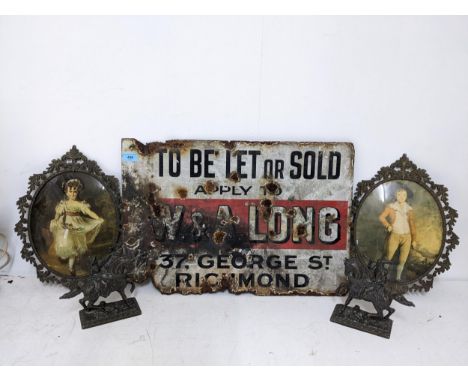 A mixed lot to include a W&A long 'To Be Let of Sold' double sided enamel sign, pair of metal framed oval prints, and a pair 