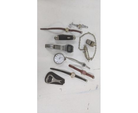 A mixed lot of collectables to include two early 20th century police man's whistles. am 19t century open faced keyless pocket