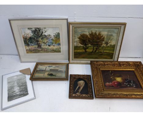 Pictures to include GO - still life of fruit, oil on canvas, E Silvani - Venitian scene, Tony Fruish seascape and othersLocat