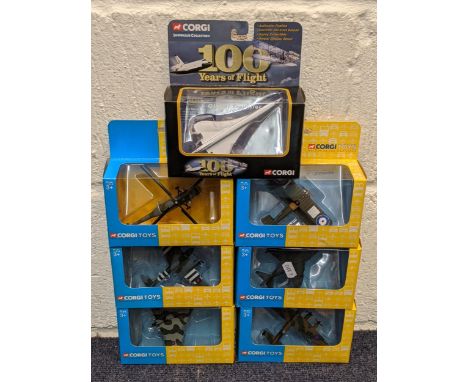 Seven boxed Corgi model planes to include a Harrier GR MK111 RAF no 1 sqdn (no ES90570), a BBMF Lancaster  (no CS90586), a Br