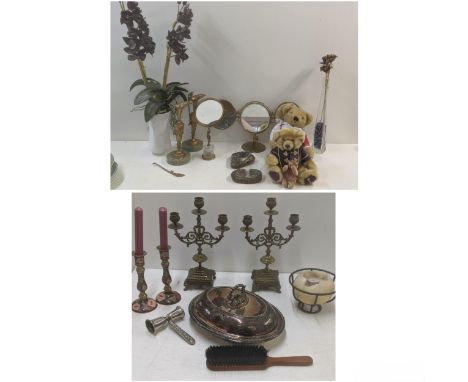 A mixed lot to include Empire style table mirror and an agate ashtray, teddy bears to include Harrods example, a pair of mid 