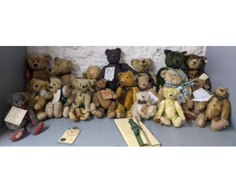 A collection of Teddy Bears to include a Steiff Harrods musical bear, a Steiff 1995 Bear, a Merrythought Floppy Joe, A Dens '