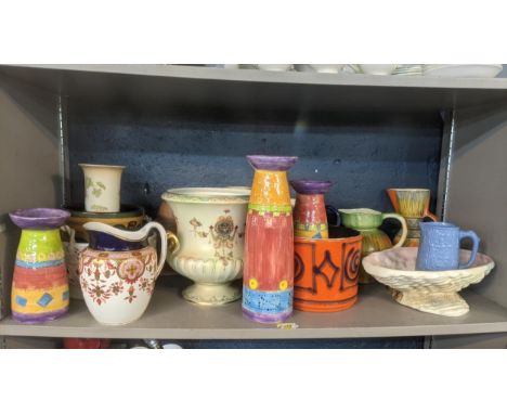 A mixed lot of ceramics and pottery items to include a 19th century Minton water jug, a Crown Devon jardiniere, Crown Ducal v