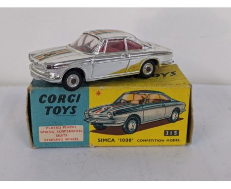 Corgi Toys 315 Simca 1000 Competition model with a plated finish, spring suspension, red interior with seats and steering whe