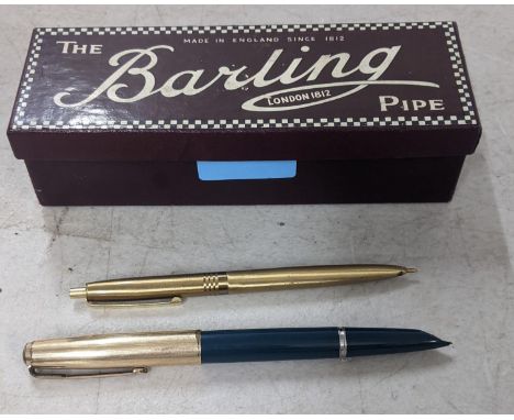 A Parker fountain pen with a gold plated lid and a gold coloured ballpoint pen both housed in a Barling pipe boxLocationIf th