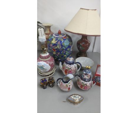 An Oriental related mixed lot to include a Chinese cloisonne enamel vase converted into a table lamp, a Japanese part tea ser