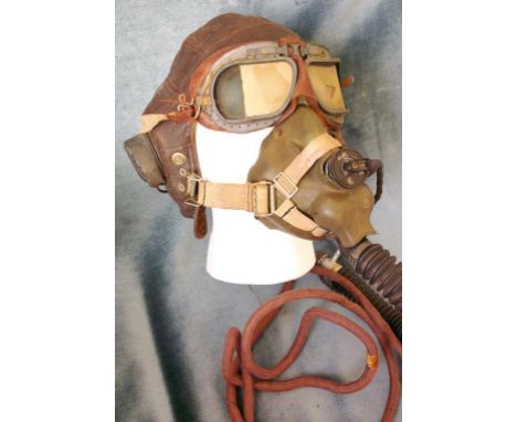 WWII RAF LEATHER FLYING HELMET (EARLY PATTERN, TYPE C) GOGGLES, OXYGEN MASK & WIRING LOOM, PROVENANCE; THE PILOT WAS A MEMBER