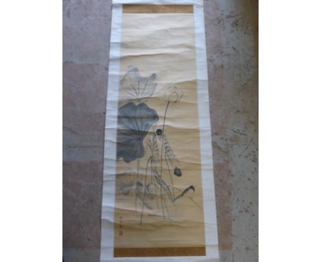 CHINESE SCROLL DEPICTING LOTUS LEAVES AND BIRD, APPROX. 135 X 44 cm