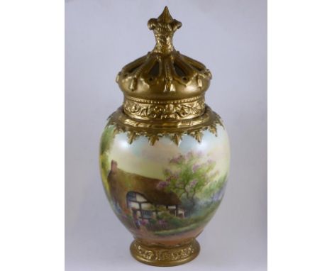 ROYAL WORCESTER POT POURRI, SHAPE 2048 'HARRINGTON' APPROX. 23 cm AF, ROYAL WORCESTER DISH HAND PAINTED FRUIT SIGNED SHUCK AN