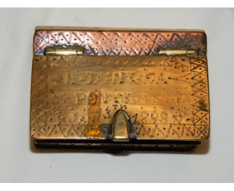 RECTANGULAR COPPER AND BRASS TOBACCO/ SNUFF BOX WITH HINGED LID, INDISTINCTLY INSCRIBED, POSSIBLY DUTCH
