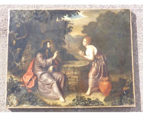 ITALIAN SCHOOL 'OLD MASTER' OIL ON CANVAS, RE LINED AND UNFRAMED, DEPICTING REBECCA AT THE WELL APPROX. 69 X 55 cm