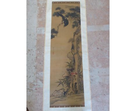 CHINESE SCROLL DEPICTING 'PINE AND RAVEN' APPROX. 114 X 34 cm