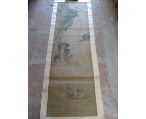 CHINESE SCROLL DEPICTING LANDSCAPE SCENE WITH FIGURE IN A RAFT, APPROX. 188 X 56 cm