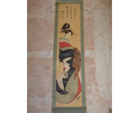 CHINESE SCROLL DEPICTING LADY AND STORK, APPROX. 123 X 27 cm