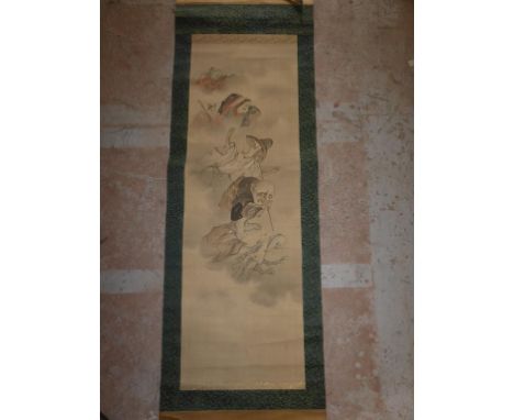 CHINESE SCROLL DEPICTING GROTESQUE FIGURES, APPROX. 118 X 40 cm