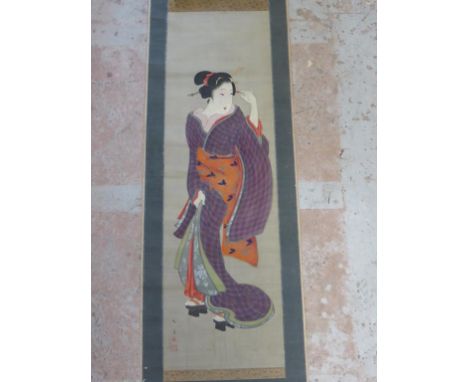 CHINESE SCROLL DEPICTING GEISHA, APPROX. 100 X 30 cm