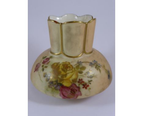 ROYAL WORCESTER BLUSH IVORY FLUTED VASE WITH FLORAL DECORATION, SHAPE NUMBER 991